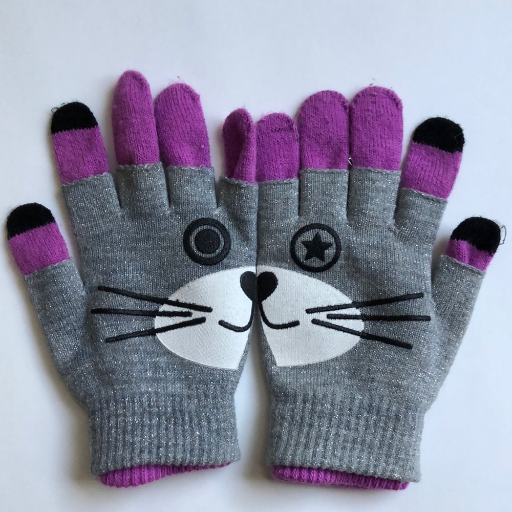 Justice Cat Face Kids Gloves - Gray and Purple